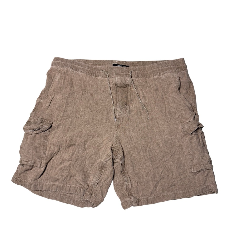 Kenneth Cole New York Mens XL Brown Linen Blend Cargo Shorts Elastic Waist Taupe